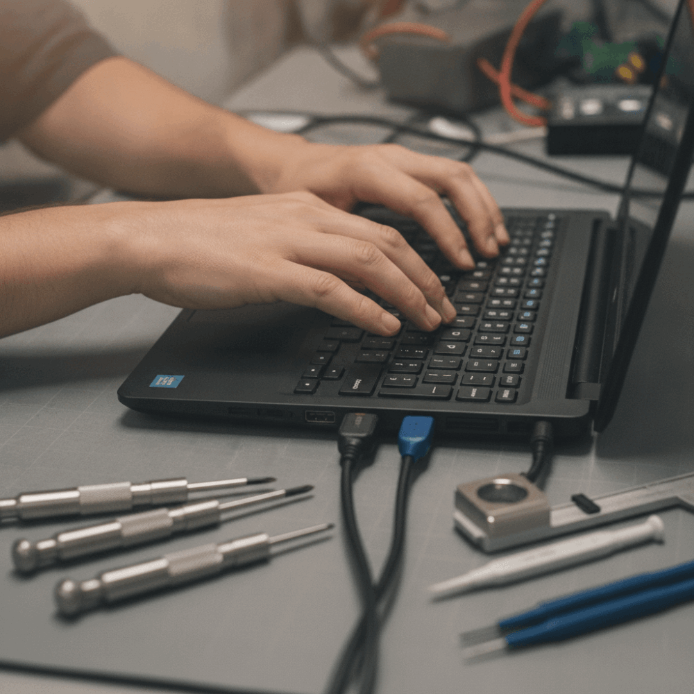 Technicien IT testant les performances et la robustesse d'un PC portable professionnel avec équipements de diagnostic