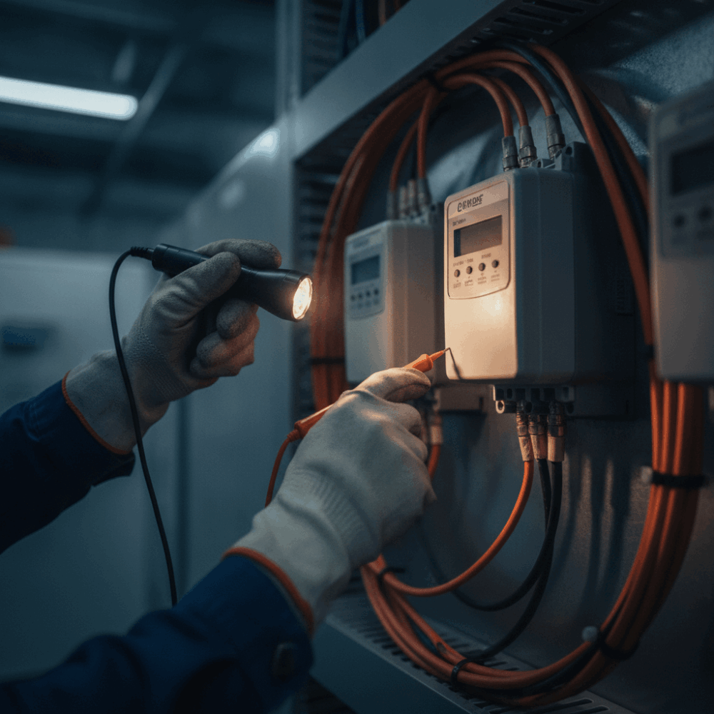 Technicien réalisant audit de sous-compteurs électriques dans local technique pour conformité réglementaire