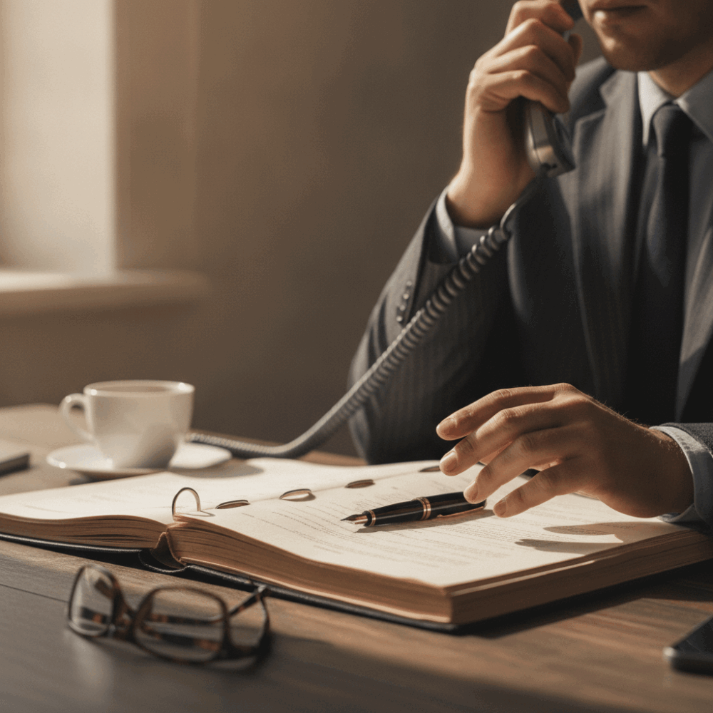 Avocat en consultation téléphonique consultant un dossier papier sur son bureau
