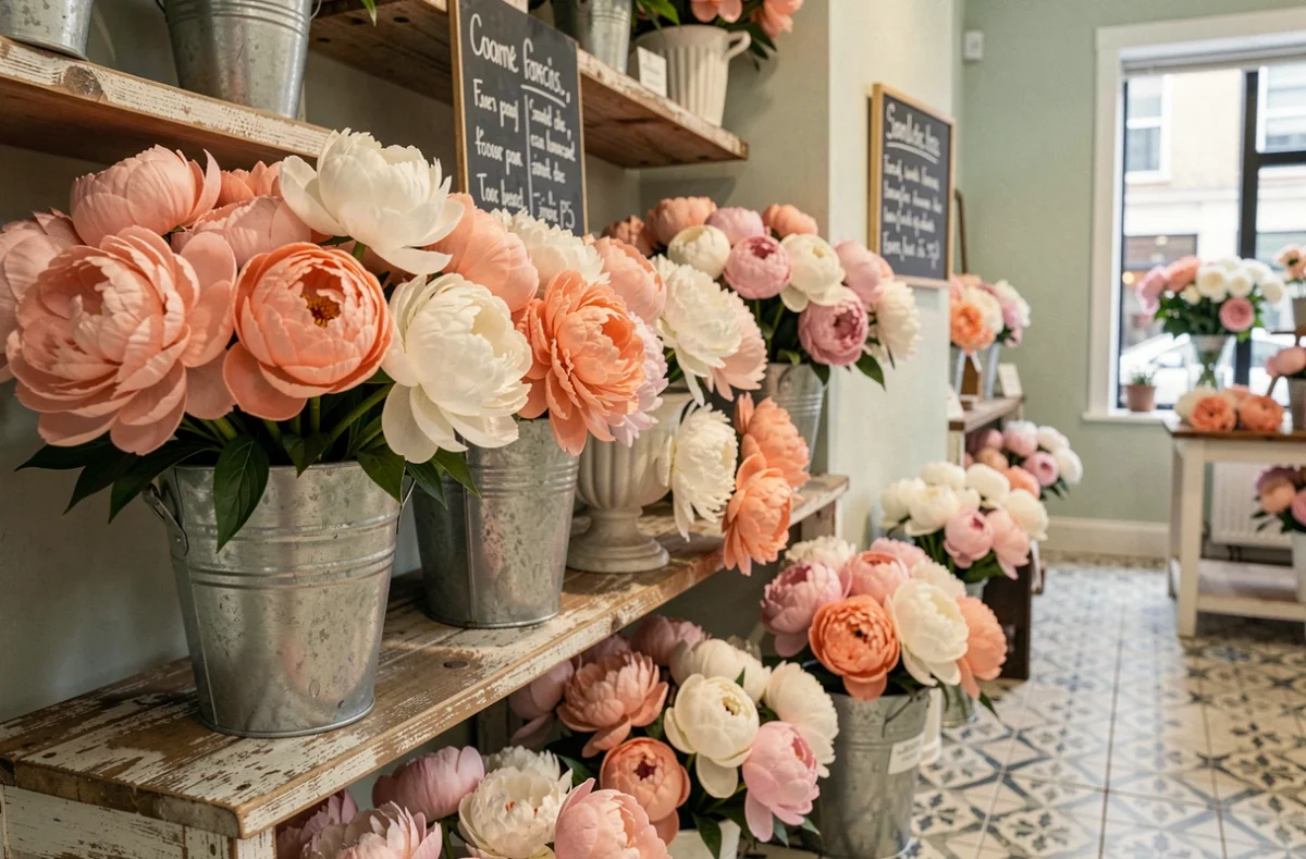 Intérieur de la boutique À La Pivoine avec des compositions florales de pivoines roses et ivoire dans des urnes céramiques et des seaux vintage