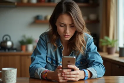 Jeune femme achetant des billets pour le festival Vieilles Charrues 2026 sur son smartphone depuis chez elle