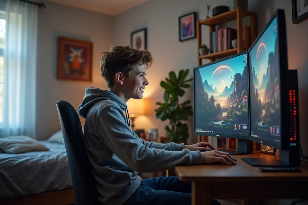 Adolescent jouant à un jeu sur ordinateur dans sa chambre