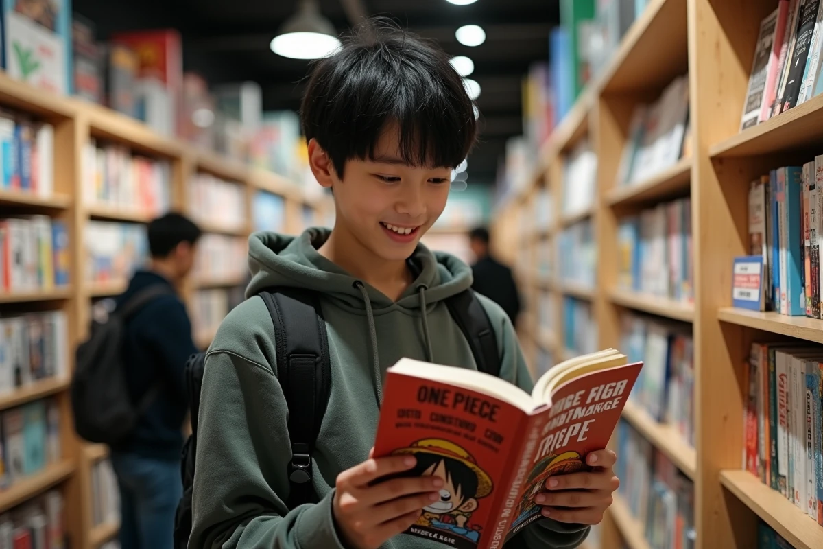 Adolescent dans une librairie de mangas avec un sourire intrigué