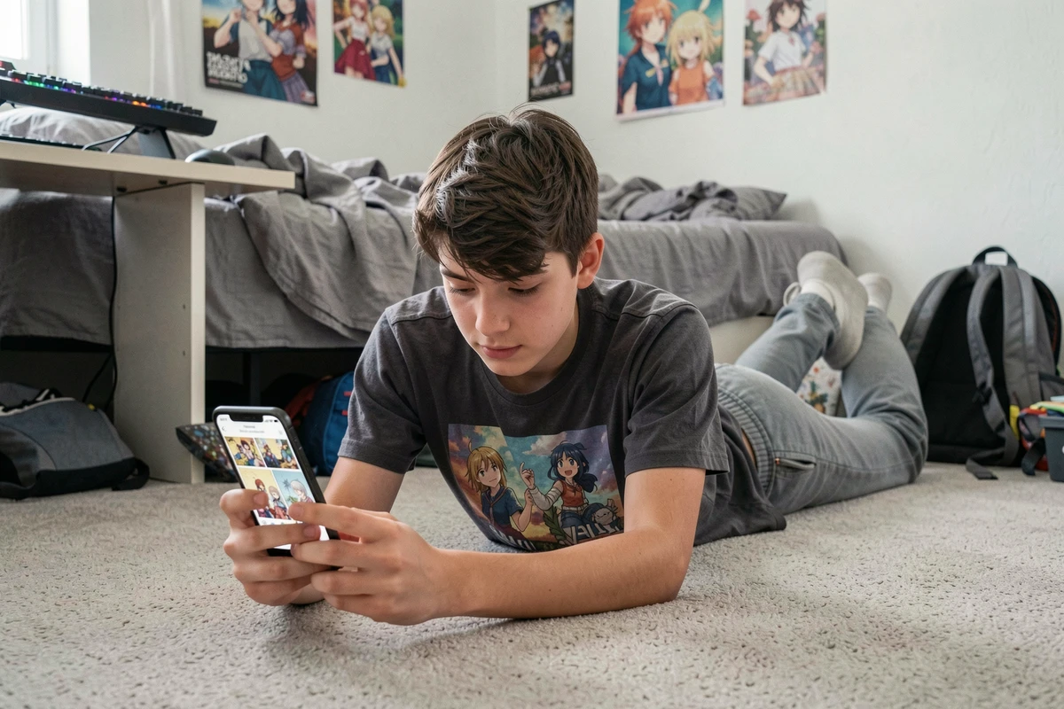 Adolescent lisant un webtoon sur smartphone allongé dans sa chambre