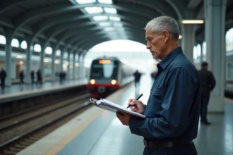 Agent de gare vérifiant une liste sur plateforme moderne