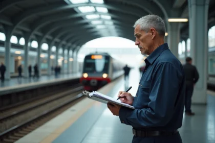 Agent de gare vérifiant une liste sur plateforme moderne
