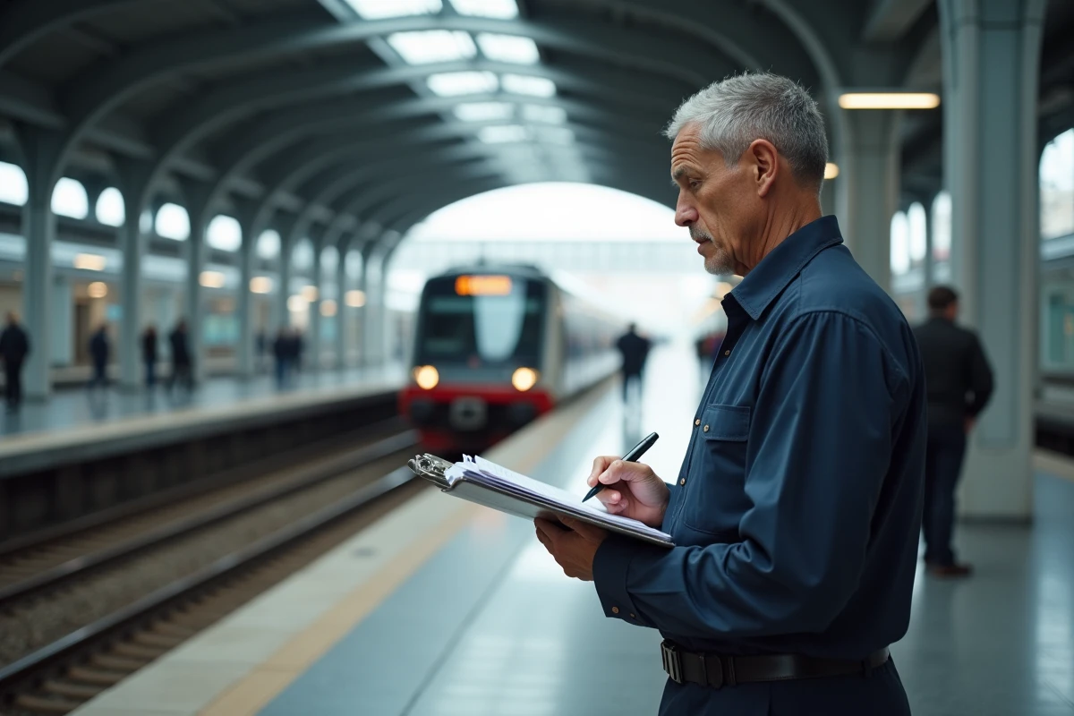 Agent de gare vérifiant une liste sur plateforme moderne