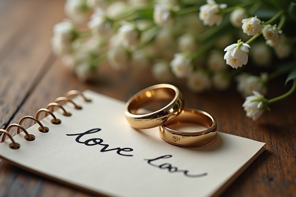Alliances de mariage sur une table en bois avec note d