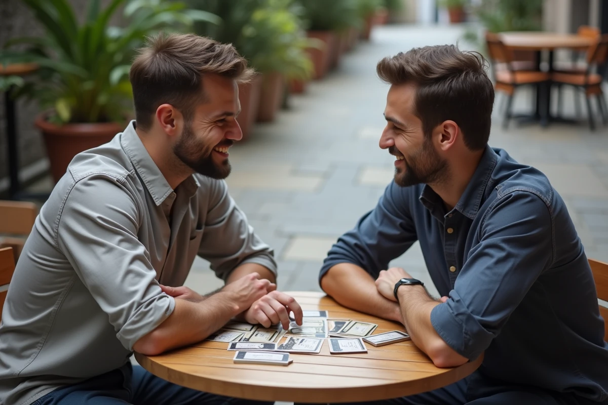 Deux amis débutants analysant les cartes importantes du jeu Aventure Ensemble en terrasse de café