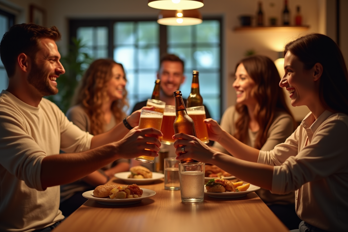 Groupe d amis trinquant avec des bouteilles de bière sans gluten en cuisine