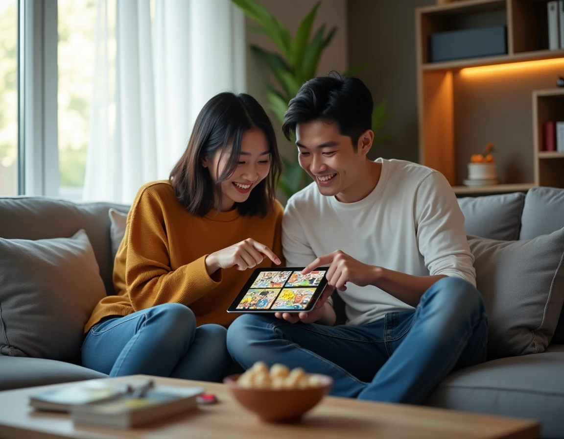 Deux amis découvrant ensemble un scan Boys Love sur une tablette dans un salon moderne