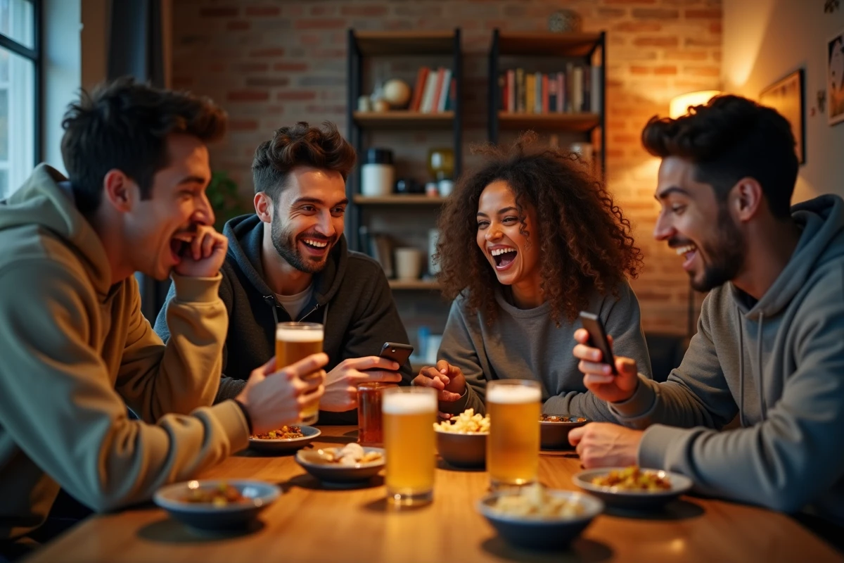 Groupe d'amis jouant à un jeu de la bombe en ligne sur smartphone autour d'une table conviviale