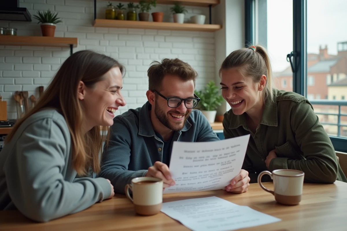 Groupe d'amis riant autour de jeux de mots et rimes comiques dans une cuisine moderne