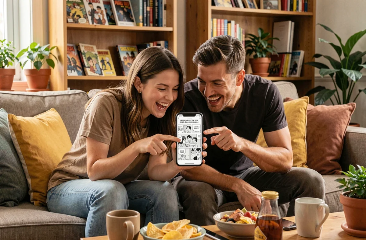 Deux amis lisant ensemble un scan de manga en VF sur smartphone dans un salon convivial et chaleureux