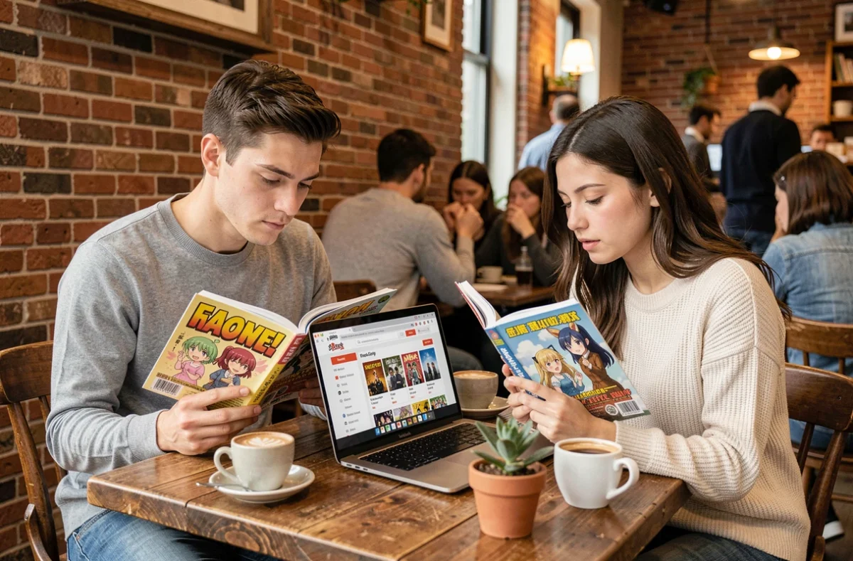 Deux amis comparant des volumes de manga dans un café avec un abonnement manga ouvert sur un ordinateur portable