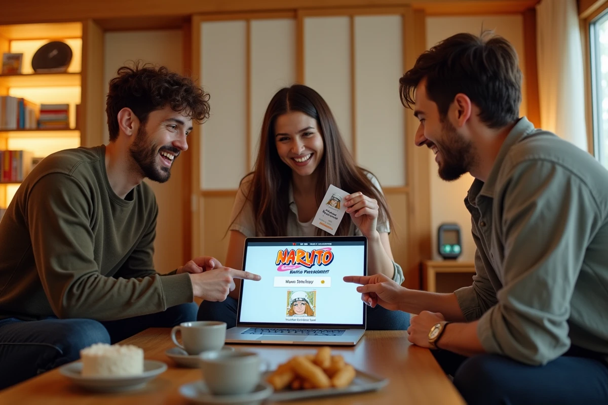 Groupe d'amis découvrant leurs résultats de quiz Hokage Naruto ensemble dans un salon japonais