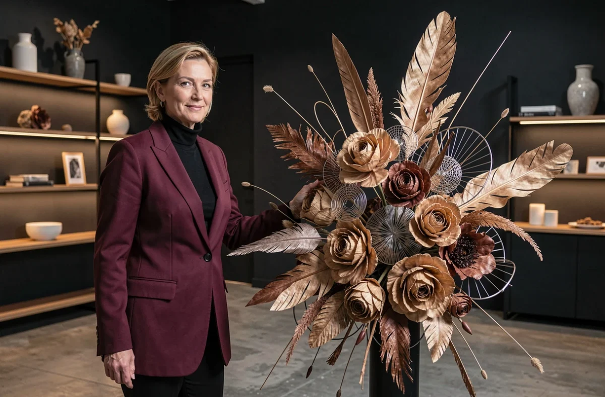 Designer florale d'Amont Styl présentant une installation florale avant-gardiste avec des fleurs séchées et accents métalliques dans un studio design