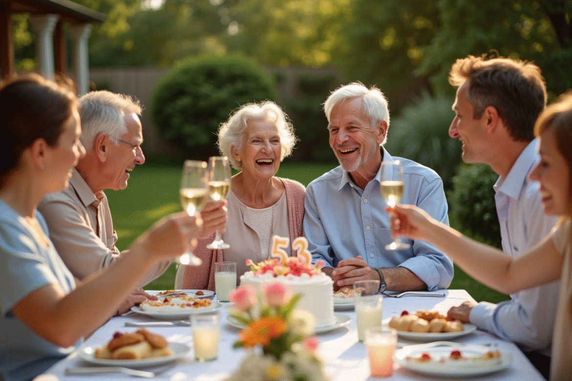 Couple âgé souriant lors d'un anniversaire dans le jardin