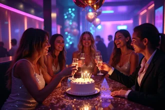 Groupe d'amis célébrant un anniversaire dans un club festif avec ballons et champagne