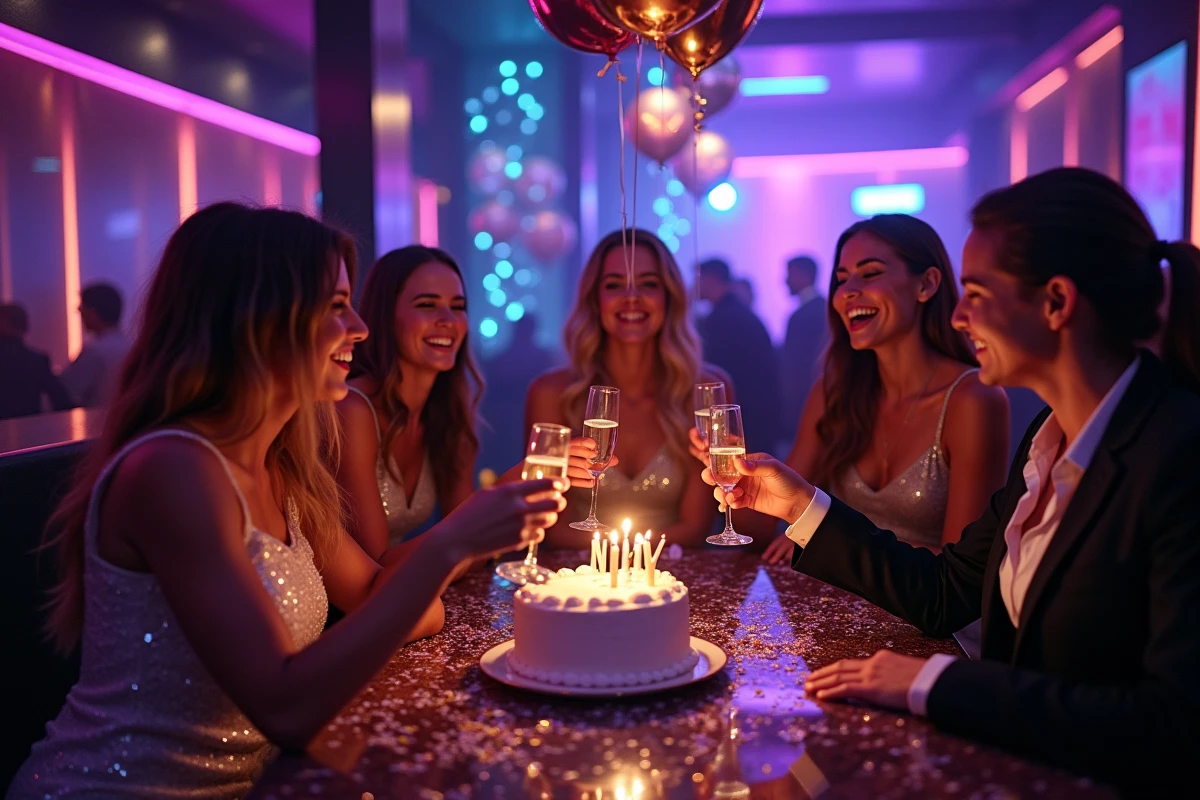 Groupe d'amis célébrant un anniversaire dans un club festif avec ballons et champagne