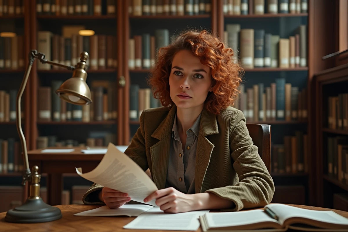 Archiviste examinant un document officiel dans une bibliothèque historique entourée de dossiers et d'archives