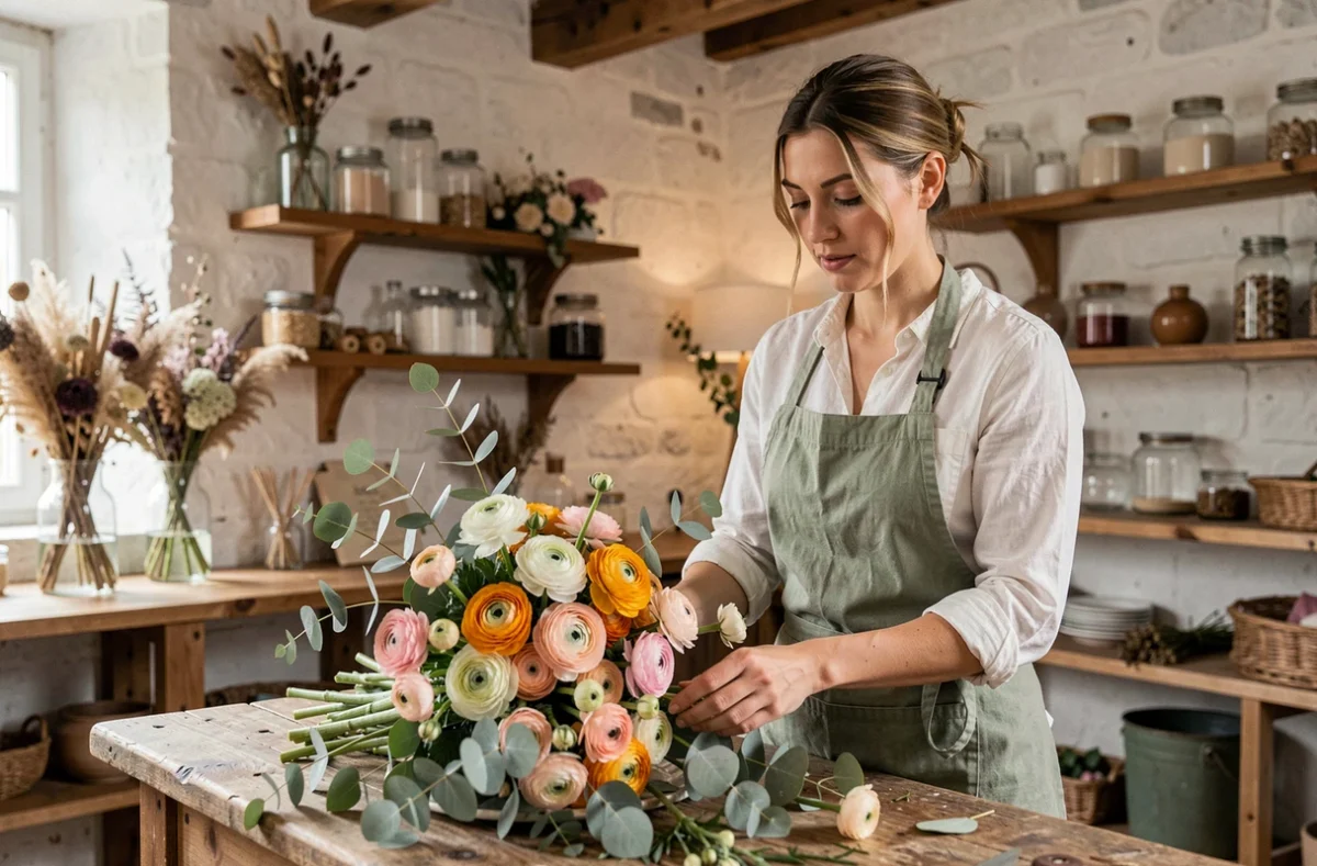 Fleuriste de L'Atelier Des Fleurs à Colmar arrangeant un bouquet élaboré de renoncules et d'eucalyptus dans un atelier en pierre