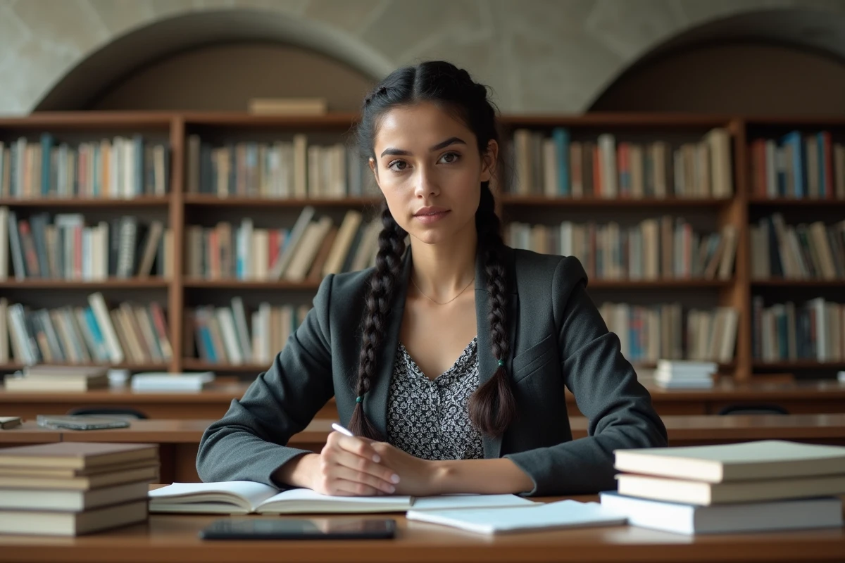 Athéna réinterprétée en chercheuse moderne dans une bibliothèque universitaire contemporaine