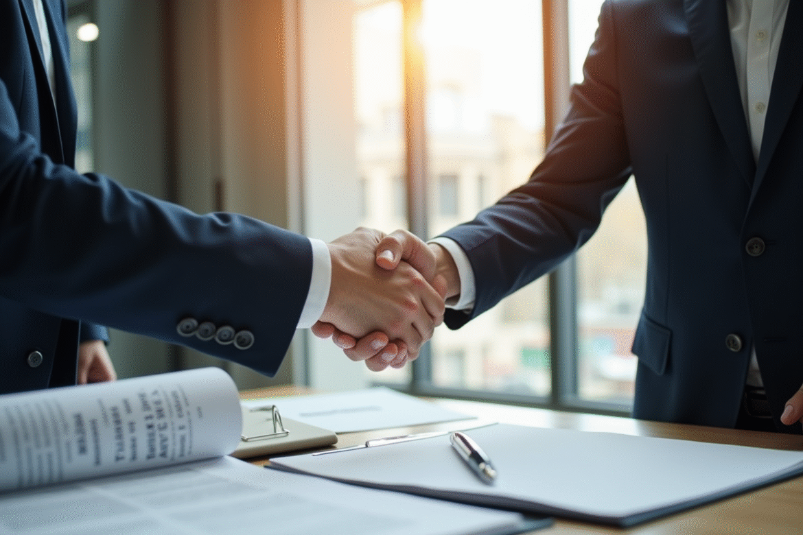 Avocat et client se serrant la main devant un code civil ouvert