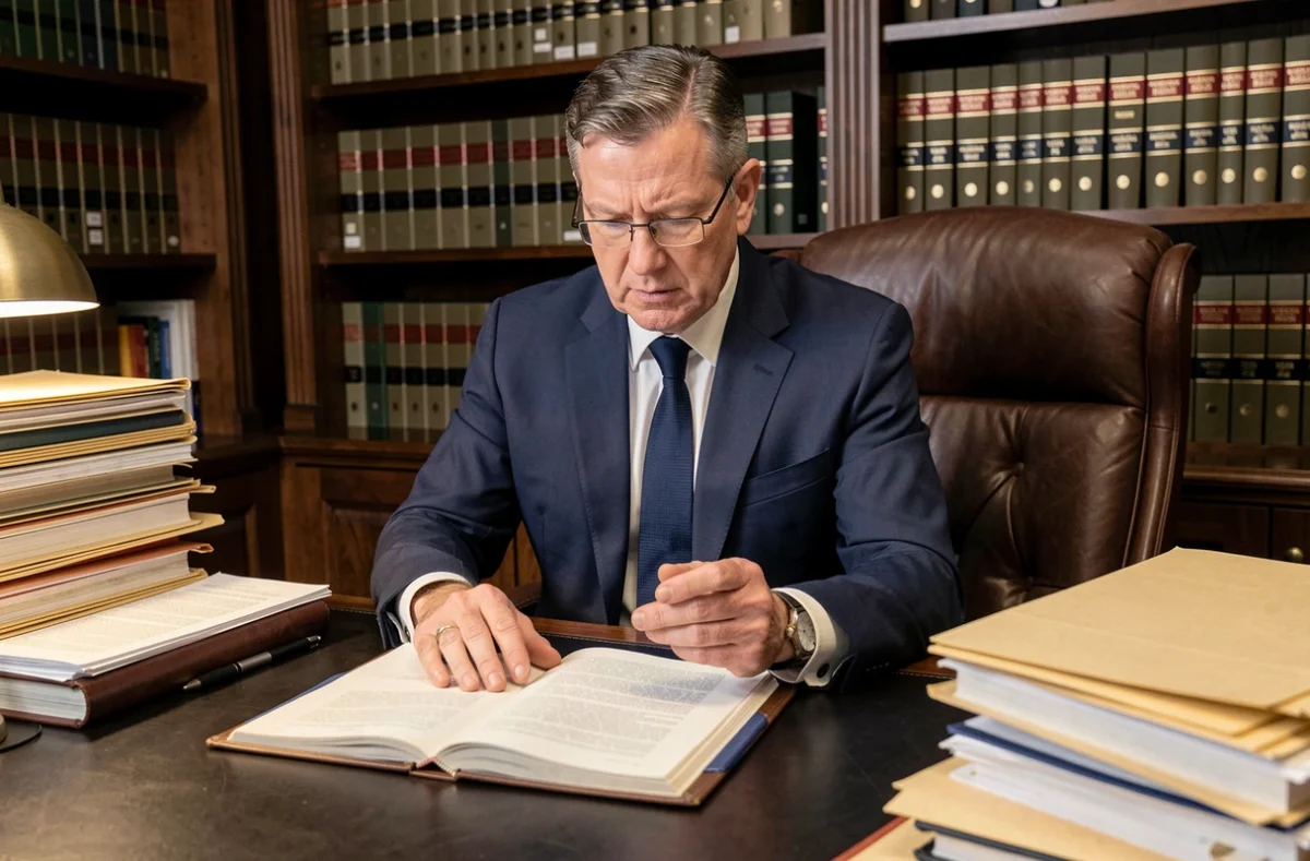 Avocat consultant un dossier juridique dans son cabinet, symbolisant les conséquences légales d'une violation de mesure d'éloignement