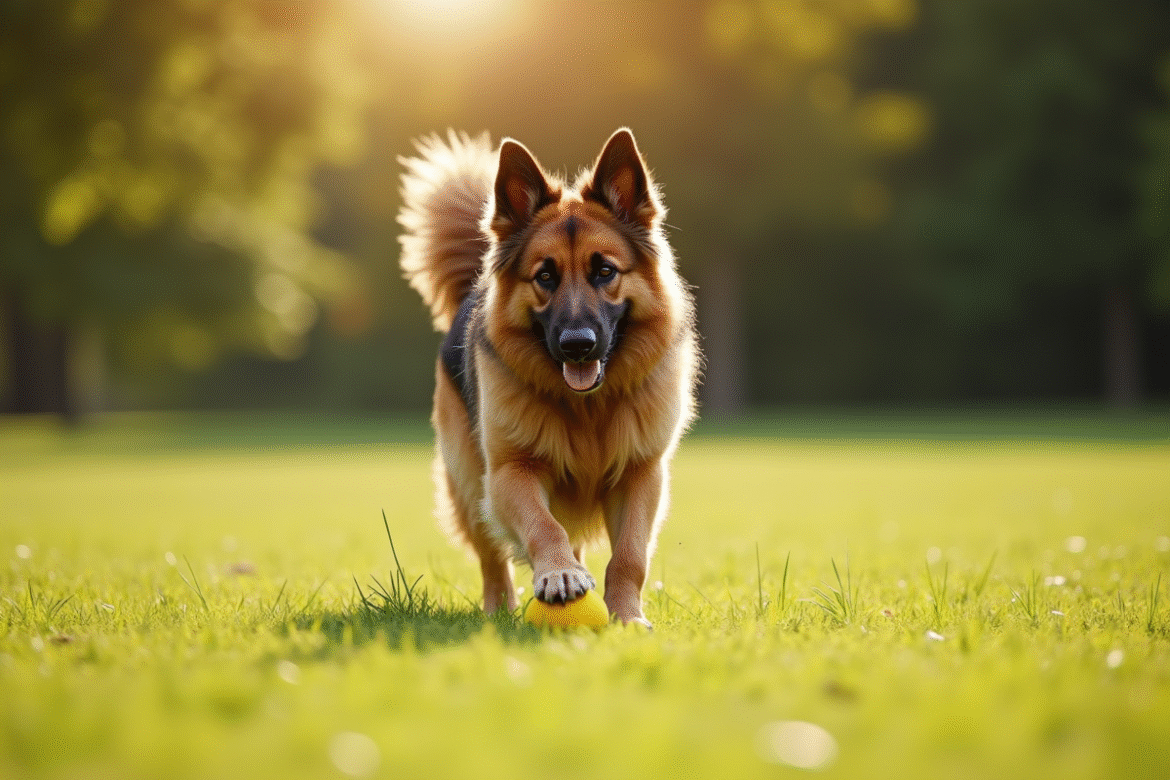 Chien berger allemand à poil long jouant avec une balle jaune dans un parc ensoleille
