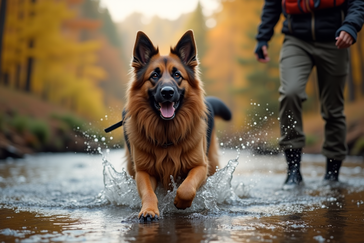 Chien berger allemand traversant un ruisseau en forêt avec un adulte en randonnée
