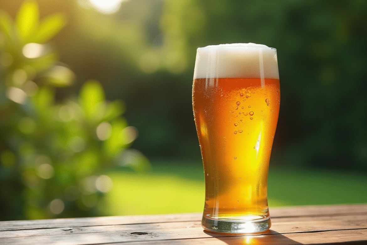 Bière sans gluten mousseuse sur une table en bois en extérieur