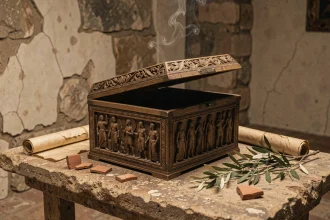 Boîte de Pandore ancienne en bois sculpté sur une table en pierre, entourée de parchemins et d'objets grecs antiques