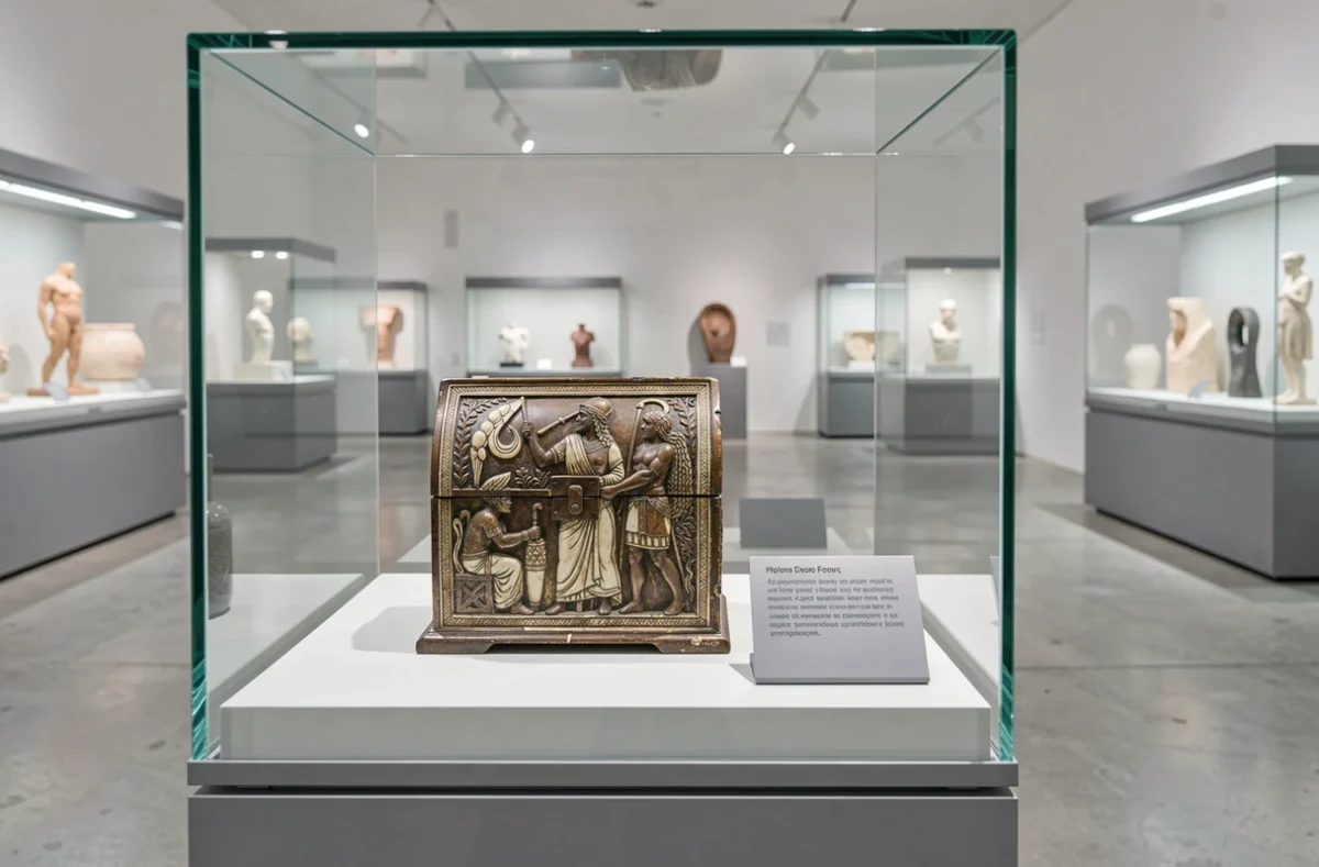 Boîte antique en bronze et ivoire exposée dans une vitrine de musée archéologique moderne avec des gravures mythologiques