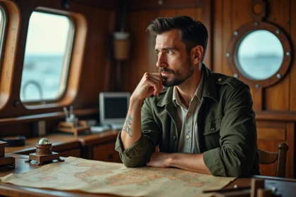 Homme d'âge moyen dans une cabine de capitaine avec cartes et compas