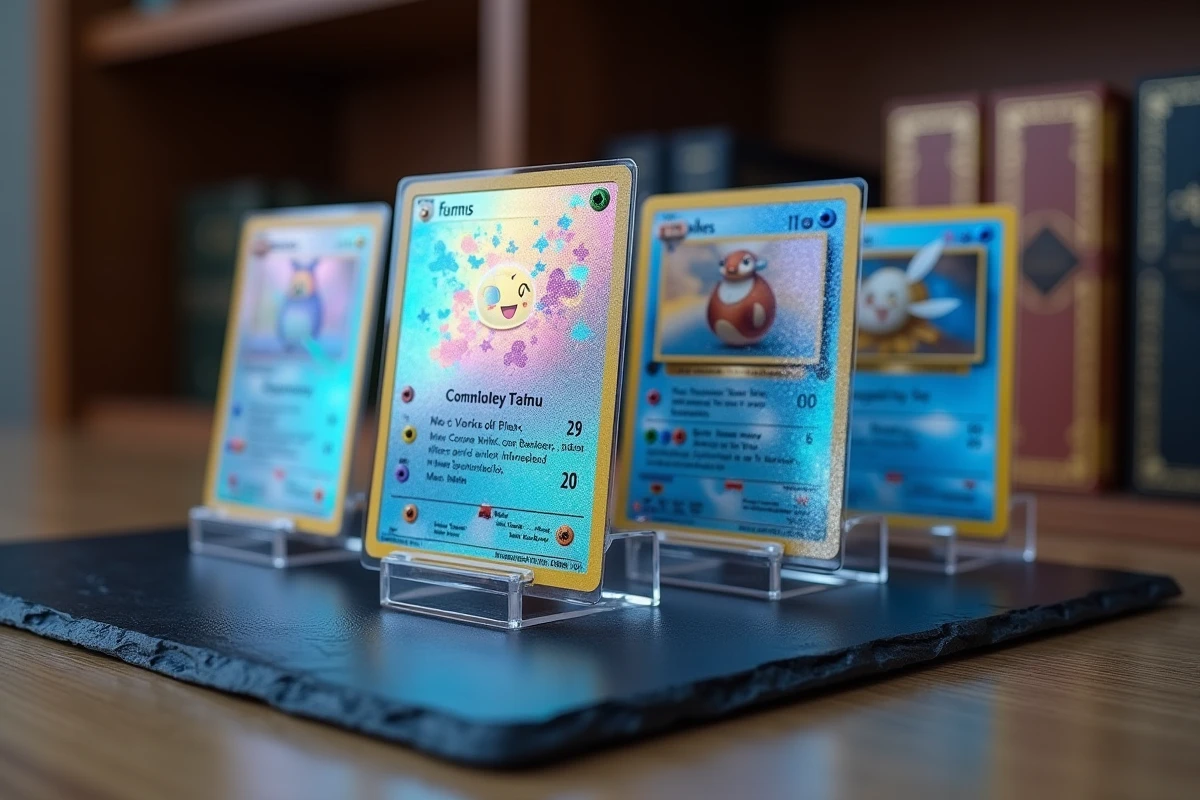 Trois cartes Pokémon holographiques rares exposées sur des supports acryliques sur une surface en ardoise dans un espace de collection
