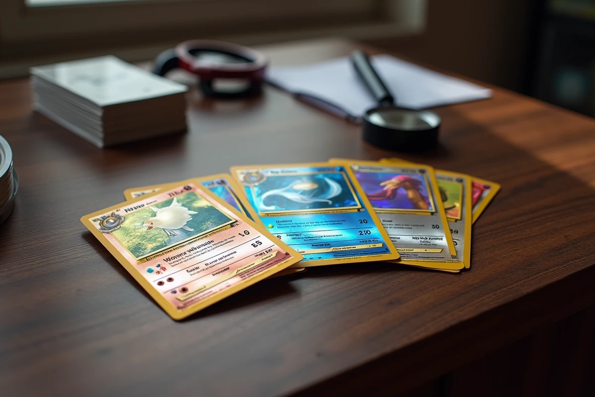 Gros plan sur plusieurs cartes Pokémon holographiques rares disposées en éventail sur une table en bois sombre