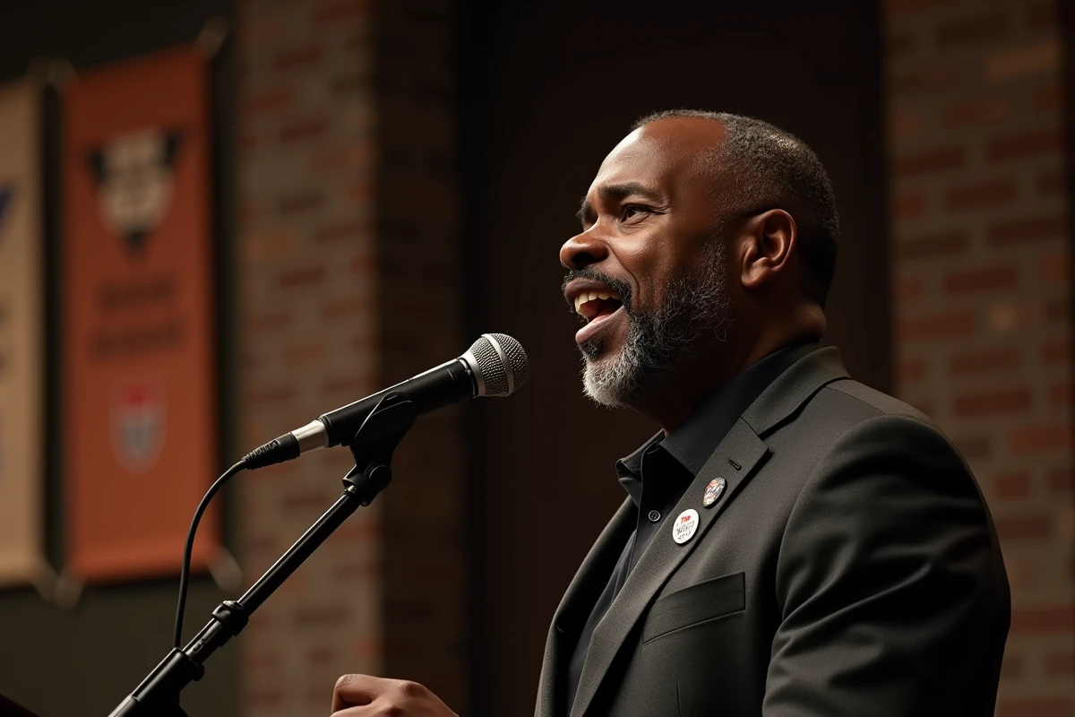 Chanteur noir en studio avec micro et pancarte