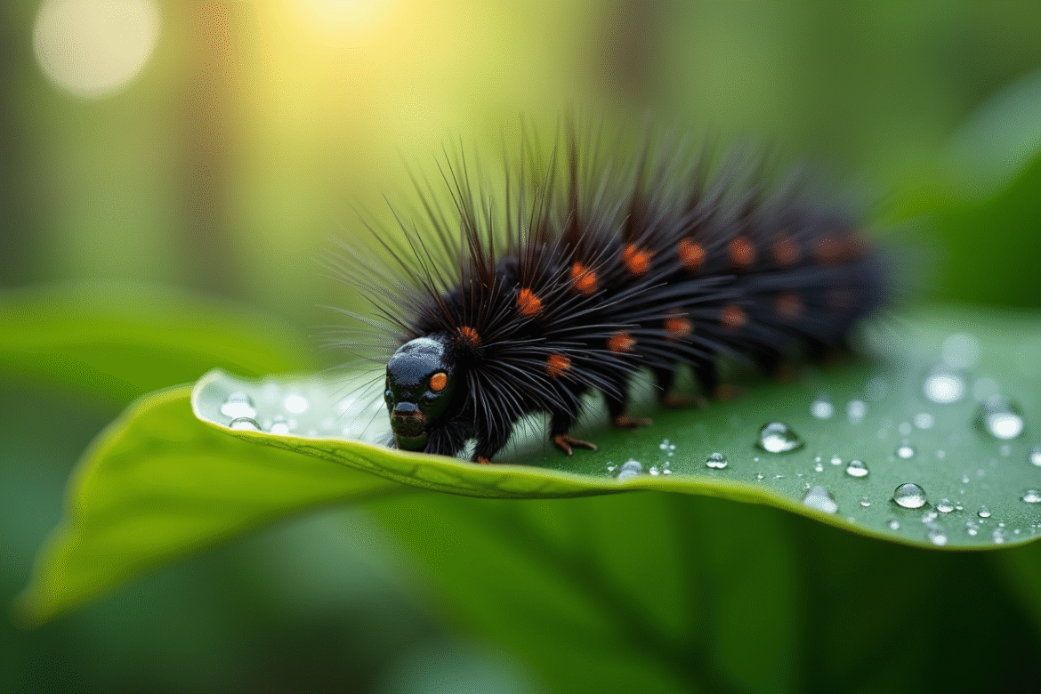 Gros plan d'une chenille noire sur une feuille verte avec rosée