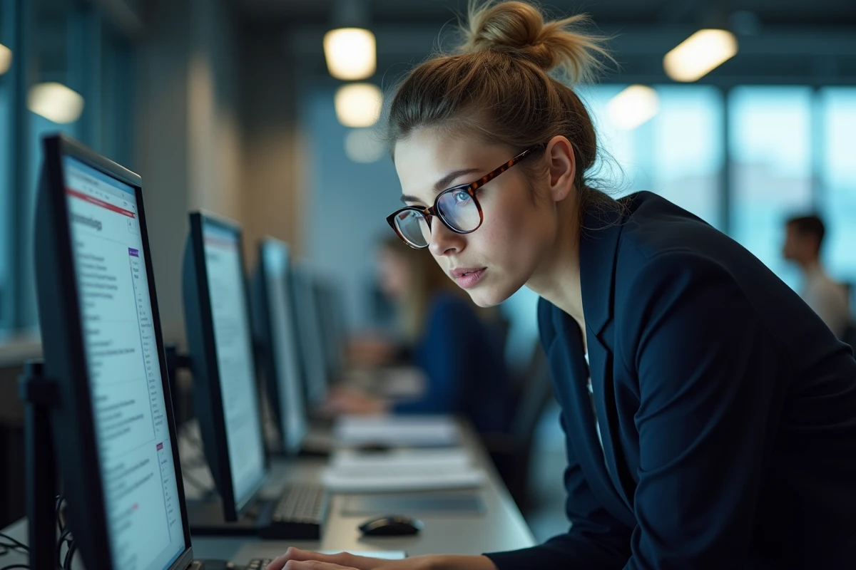 Chercheuse consultant une base de données biographique sur ordinateur dans une salle de rédaction moderne