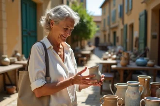 Femme chinant une cruche en céramique vintage sur un vide-grenier en Lot-et-Garonne dans un village aux pierres dorées