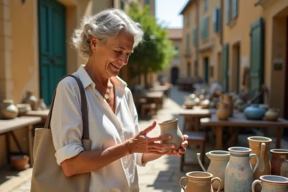 Femme chinant une cruche en céramique vintage sur un vide-grenier en Lot-et-Garonne dans un village aux pierres dorées