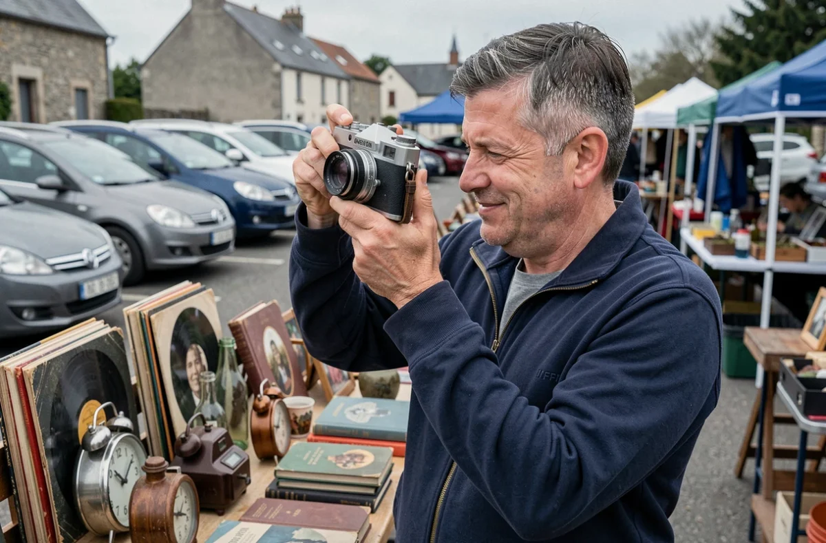 Homme inspectant un appareil photo argentique vintage lors d'un vide grenier du week-end dans le Morbihan, entouré de vinyles et d'objets anciens