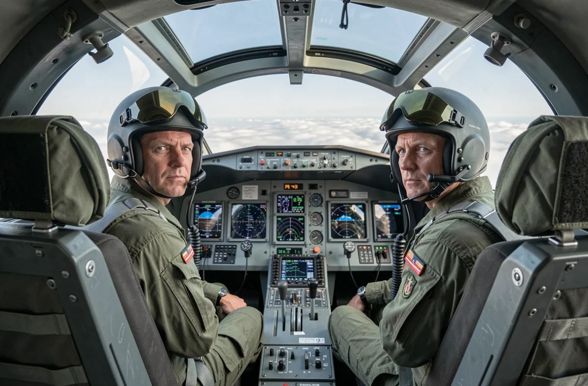 Deux pilotes militaires dans le cockpit d'un avion de chasse, ambiance immersive inspirée de Top Gun 3