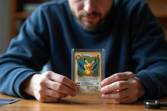 Collectionneur adulte tenant une carte Pokémon gradée dans un étui de protection, examinée avec soin sur un bureau en bois