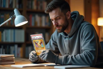 Collectionneur adulte tenant une carte Pokémon rare gradée PSA dans une salle de collection organisée