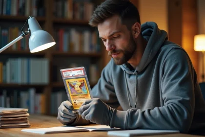 Collectionneur adulte tenant une carte Pokémon rare gradée PSA dans une salle de collection organisée