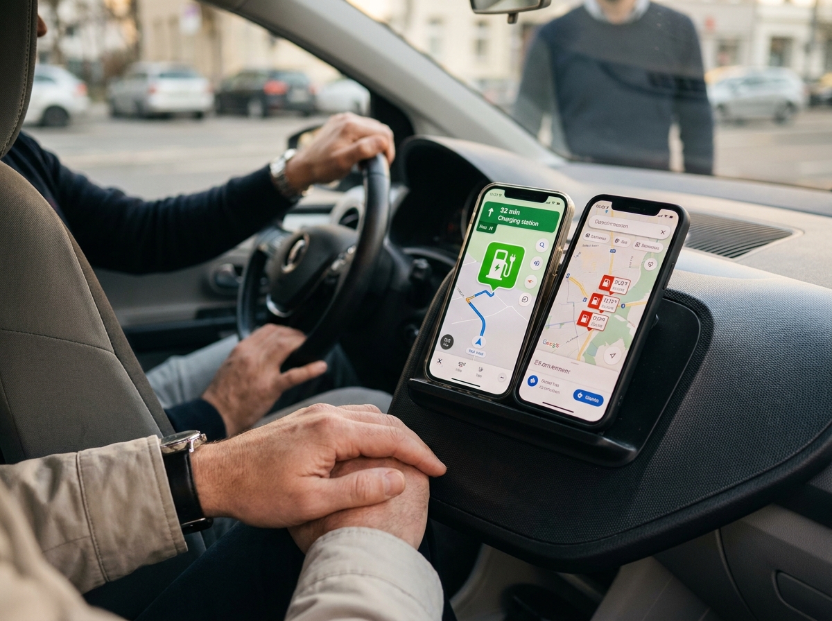 Comparaison smartphone navigation électrique versus carburant thermique sur tableau de bord voiture pour trajet quotidien