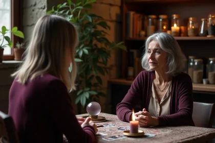 Une voyante en consultation face à une cliente autour d'un jeu de tarot dans une pièce atmosphérique