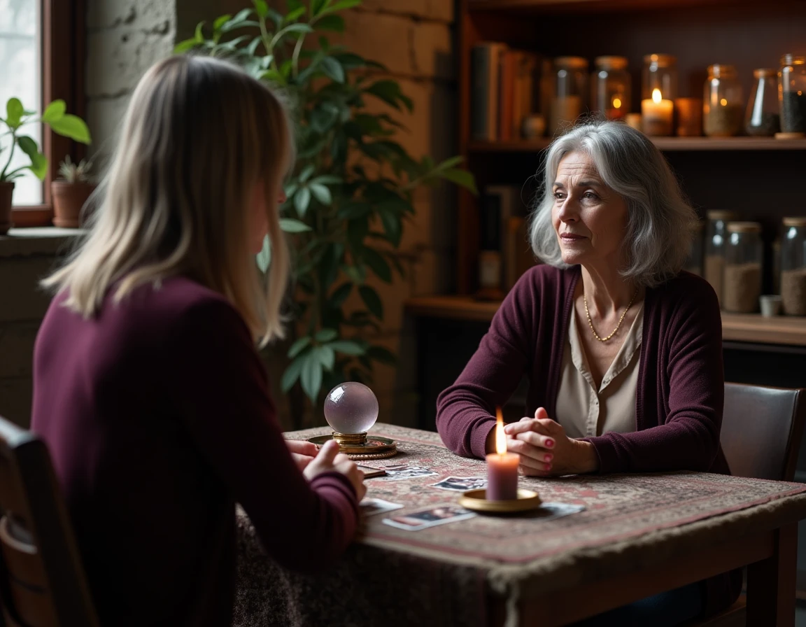 Une voyante en consultation face à une cliente autour d'un jeu de tarot dans une pièce atmosphérique